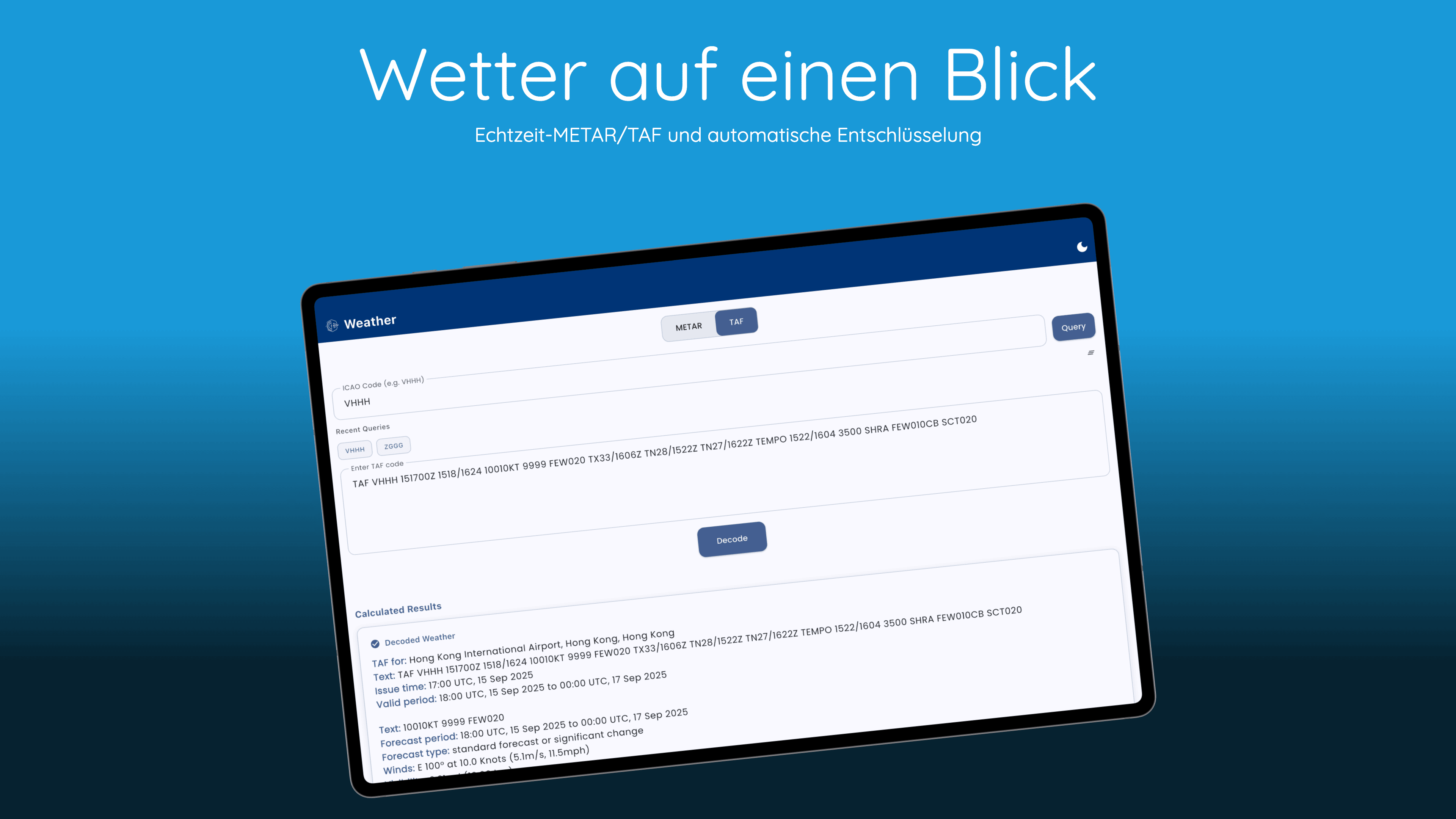 Pilot Kit Wetter-Decoder zeigt METAR und TAF Übersetzung mit visueller Wetterdarstellung